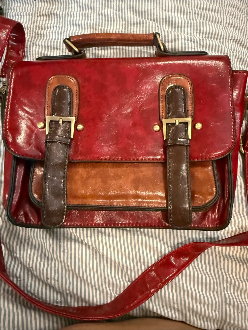 Women's Two-Tone Red & Brown Messenger Bag - Leather Satchel Style